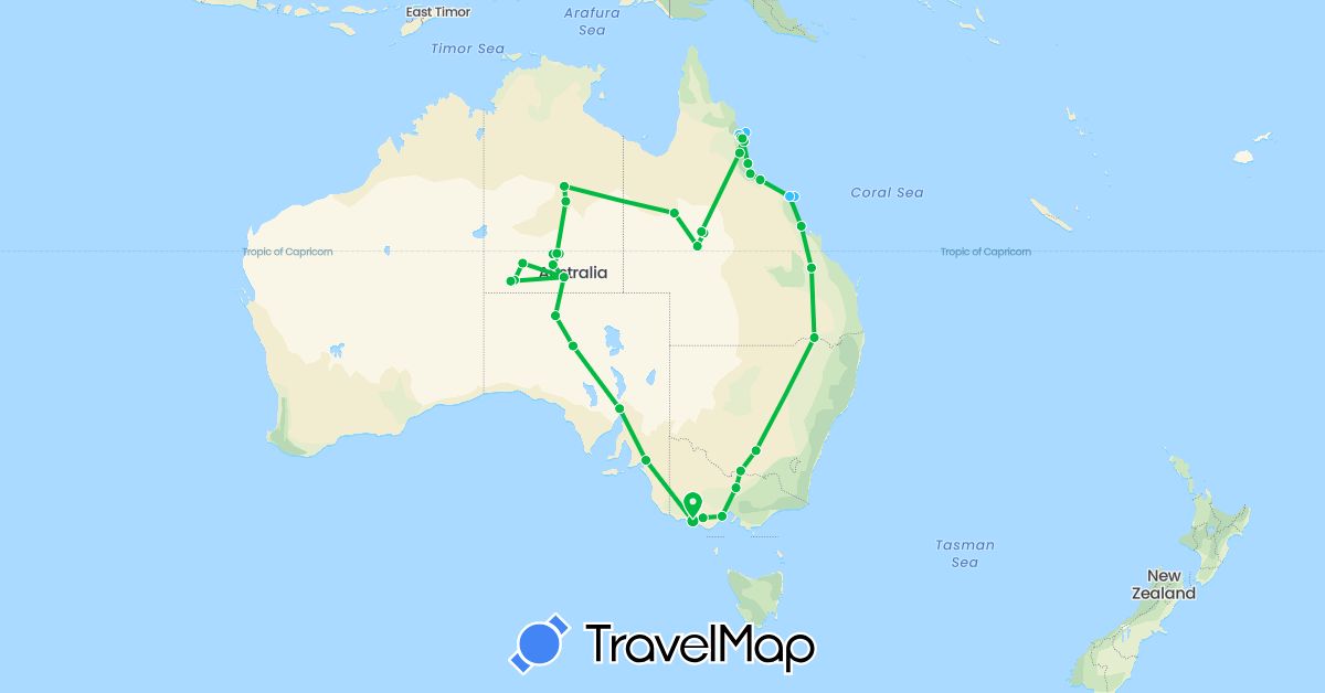 TravelMap itinerary: driving, bus, boat in Australia (Oceania)